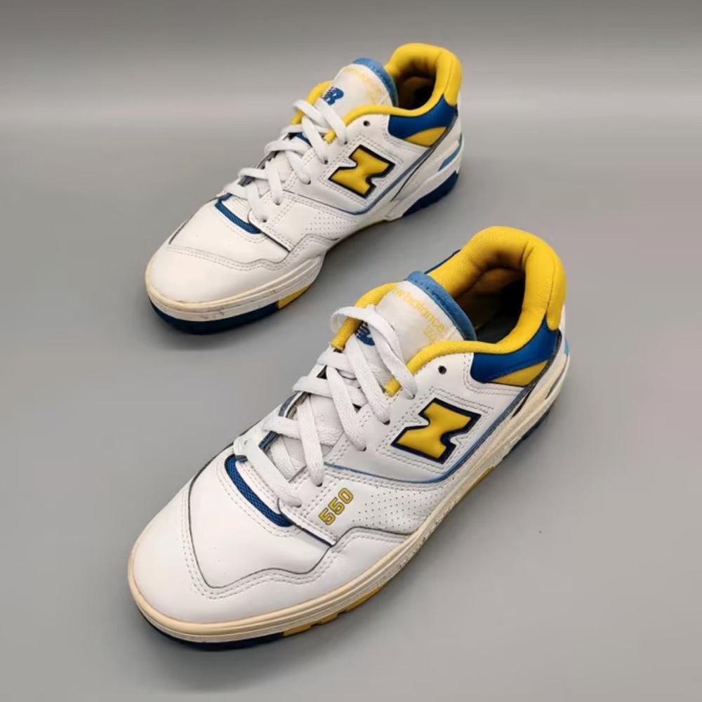 New Balance 550 White, Yellow, and Blue Sneakers